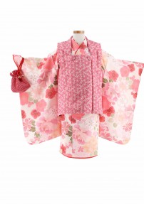 七五三 3歳女の子用被布[式部浪漫](被布)濃ピンクに麻の葉(着物)白にピンクの花々No.99V